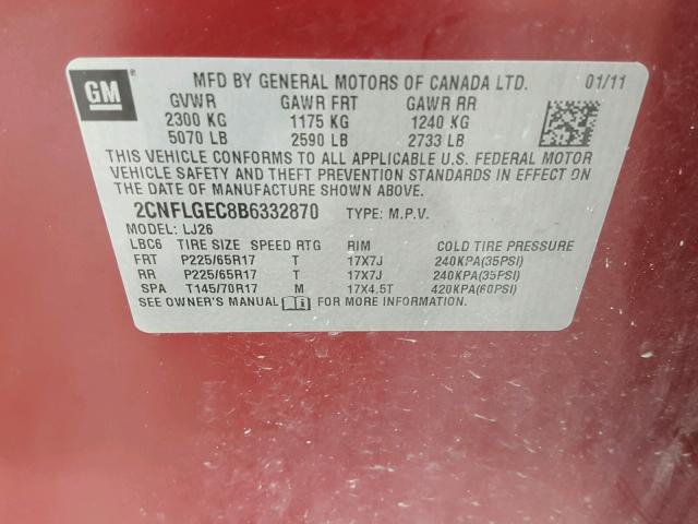 2CNFLGEC8B6332870 - 2011 CHEVROLET EQUINOX LT RED photo 10