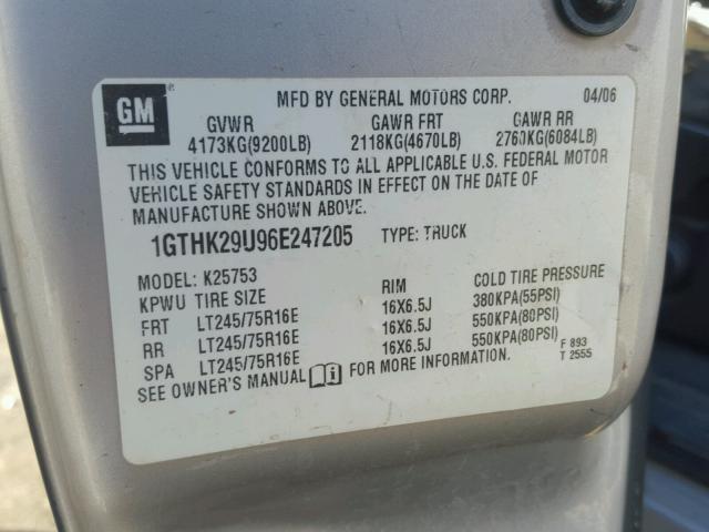 1GTHK29U96E247205 - 2006 GMC SIERRA K25 BEIGE photo 10