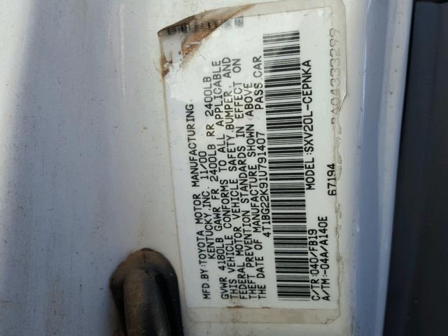 4T1BG22K91U791407 - 2001 TOYOTA CAMRY CE WHITE photo 10