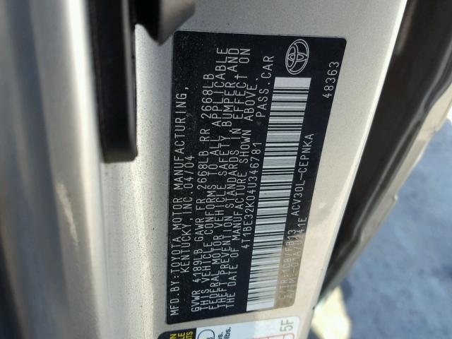 4T1BE32K04U346781 - 2004 TOYOTA CAMRY LE SILVER photo 10