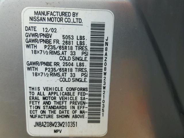 JN8AZ08W23W210351 - 2003 NISSAN MURANO GRAY photo 10