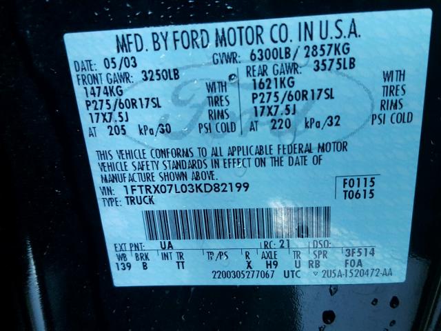 1FTRX07L03KD82199 - 2003 FORD F150 BLACK photo 10