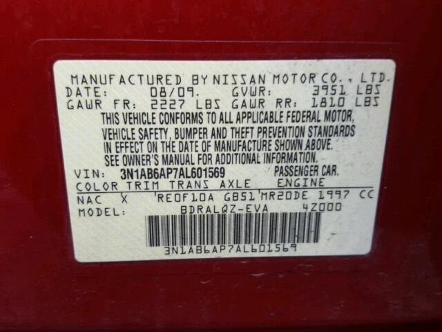 3N1AB6AP7AL601569 - 2010 NISSAN SENTRA 2.0 RED photo 10