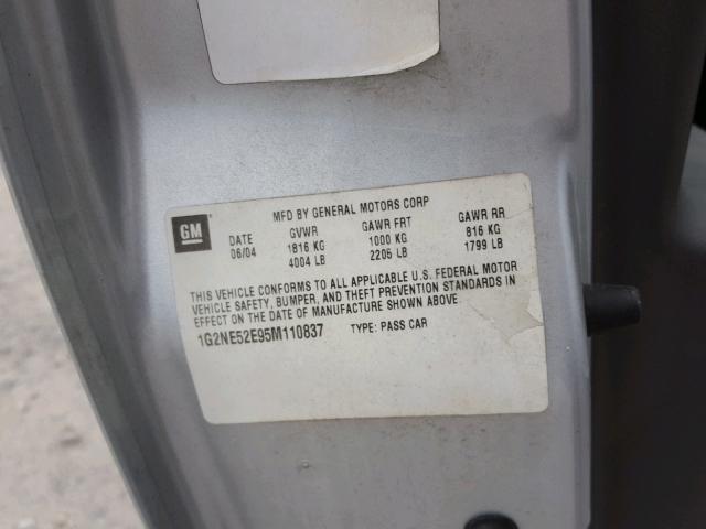 1G2NE52E95M110837 - 2005 PONTIAC GRAND AM S GRAY photo 10