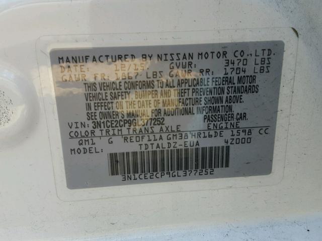 3N1CE2CP9GL377252 - 2016 NISSAN VERSA NOTE WHITE photo 10