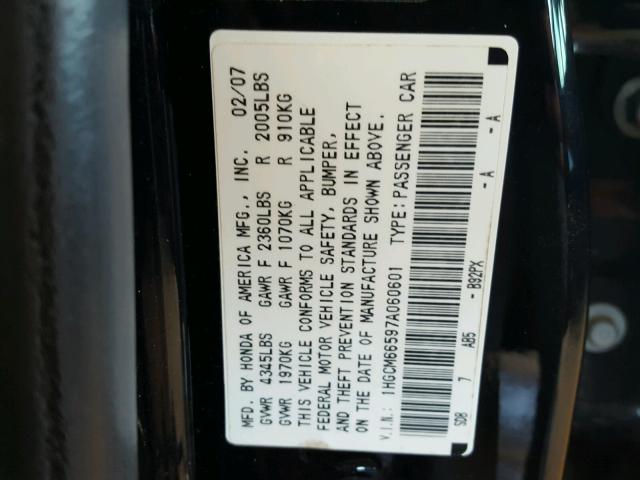 1HGCM66597A060601 - 2007 HONDA ACCORD EX BLACK photo 10