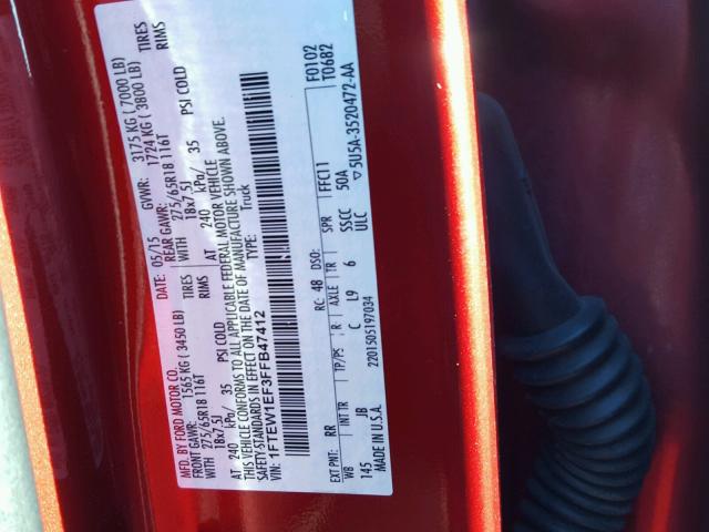 1FTEW1EF3FFB47412 - 2015 FORD F150 SUPER RED photo 10