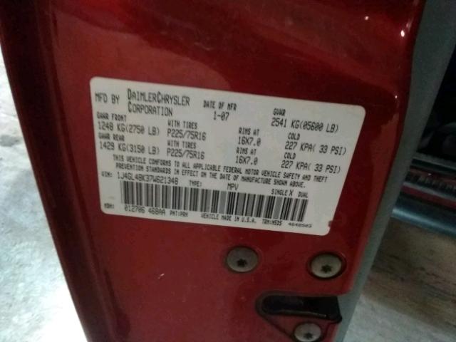 1J4GL48K37W621348 - 2007 JEEP LIBERTY SP RED photo 10