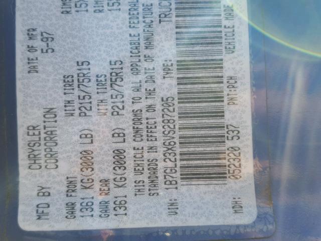 1B7GL23X6VS287205 - 1997 DODGE DAKOTA BLUE photo 10