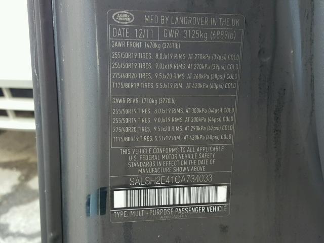 SALSH2E41CA734033 - 2012 LAND ROVER RANGE ROVE BLACK photo 10