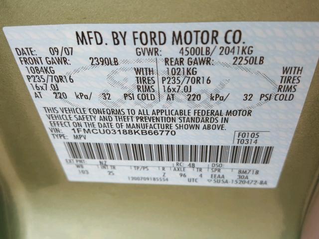 1FMCU03188KB66770 - 2008 FORD ESCAPE XLT GREEN photo 10