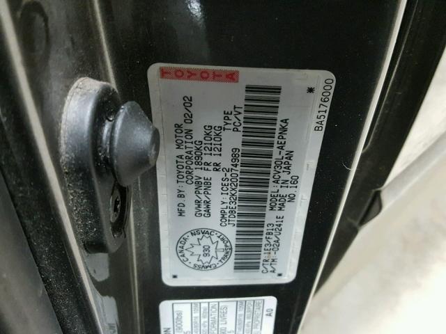 JTDBE32KX20074989 - 2002 TOYOTA CAMRY LE GRAY photo 10