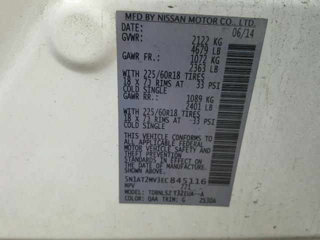 5N1AT2MV3EC845116 - 2014 NISSAN ROGUE S WHITE photo 10