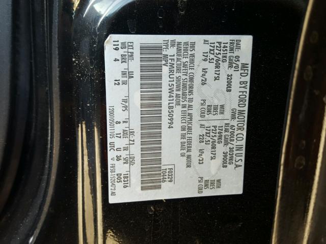 1FMRU15W41LB50994 - 2001 FORD EXPEDITION BLACK photo 10