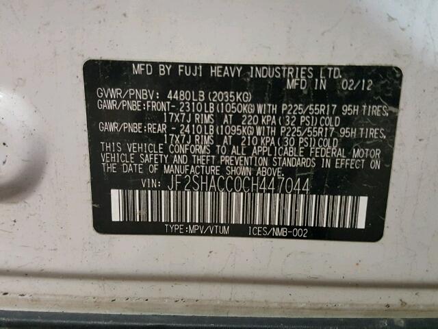 JF2SHACC0CH447044 - 2012 SUBARU FORESTER 2 WHITE photo 10