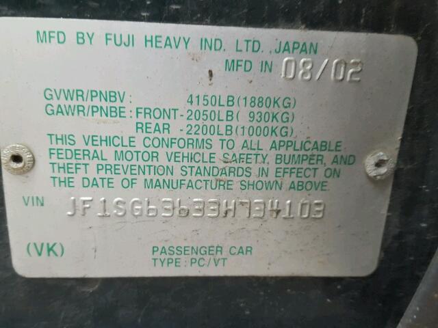 JF1SG63633H734103 - 2003 SUBARU FORESTER 2 GREEN photo 10