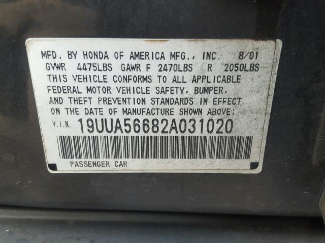 19UUA56682A031020 - 2002 ACURA 3.2TL GRAY photo 10