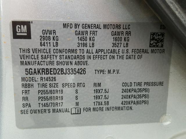 5GAKRBED2BJ335426 - 2011 BUICK ENCLAVE CX SILVER photo 10