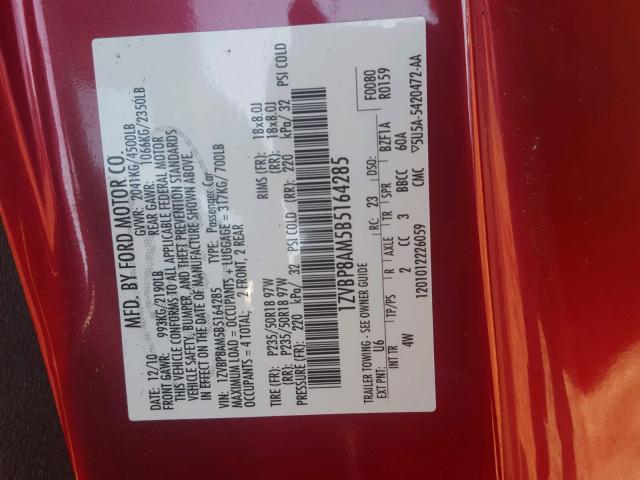 1ZVBP8AM5B5164285 - 2011 FORD MUSTANG RED photo 10