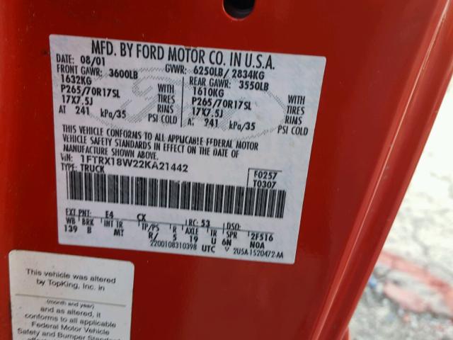 1FTRX18W22KA21442 - 2002 FORD F150 RED photo 10