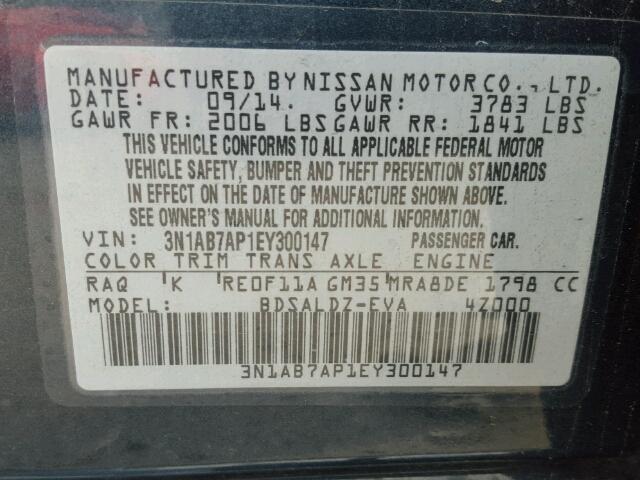 3N1AB7AP1EY300147 - 2014 NISSAN SENTRA S BLUE photo 10