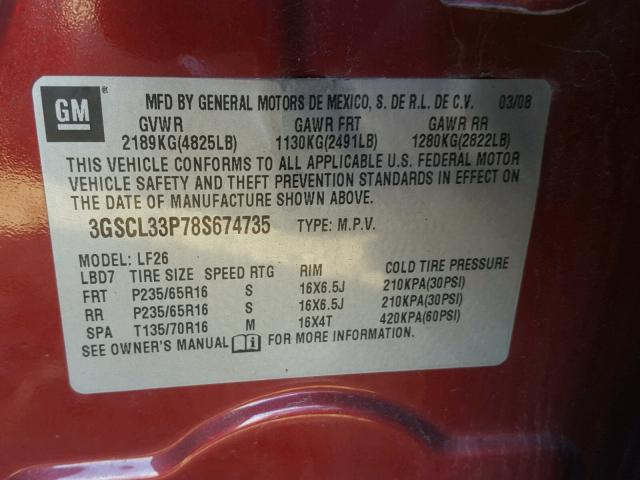 3GSCL33P78S674735 - 2008 SATURN VUE XE RED photo 10