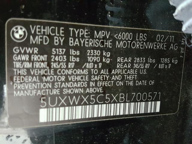 5UXWX5C5XBL700571 - 2011 BMW X3 XDRIVE2 BLACK photo 10