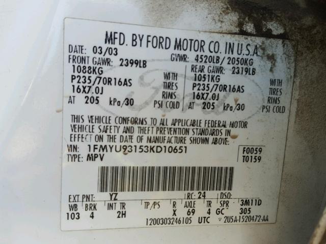 1FMYU93153KD10651 - 2003 FORD ESCAPE XLT WHITE photo 10