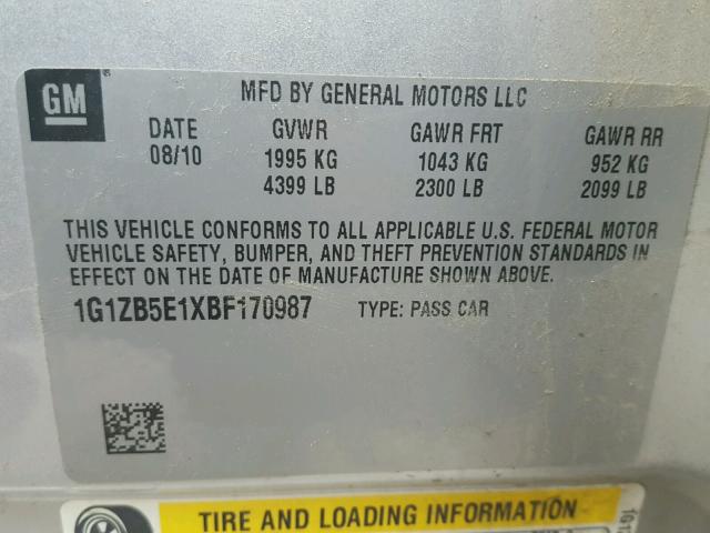 1G1ZB5E1XBF170987 - 2011 CHEVROLET MALIBU LS SILVER photo 10