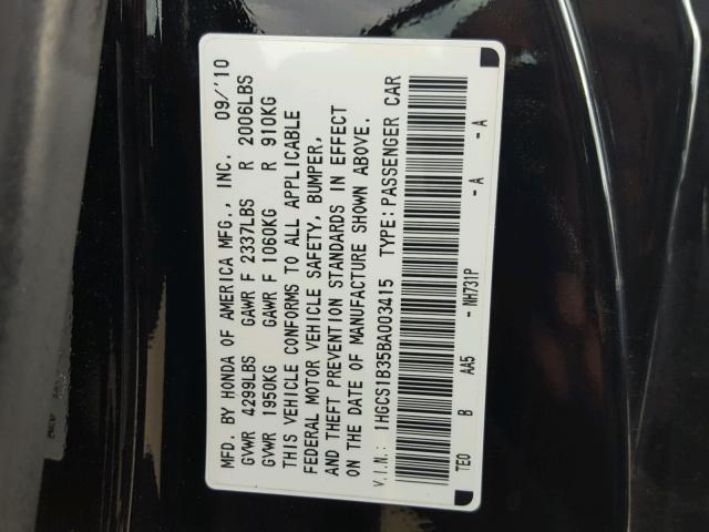 1HGCS1B35BA003415 - 2011 HONDA ACCORD LX- BLACK photo 10