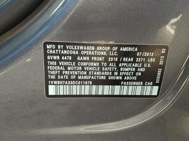 1VWBH7A33DC011675 - 2013 VOLKSWAGEN PASSAT SE GRAY photo 10