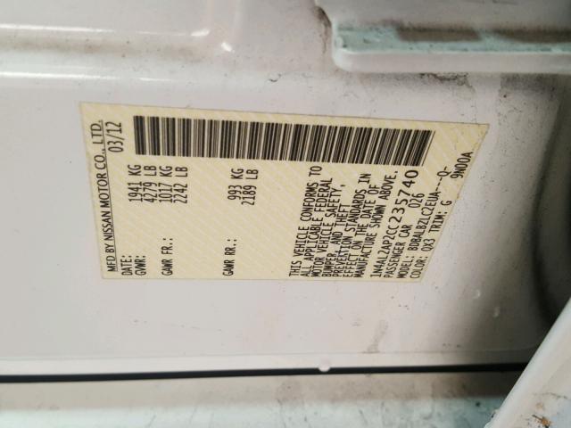 1N4AL2AP2CC235740 - 2012 NISSAN ALTIMA BAS WHITE photo 10