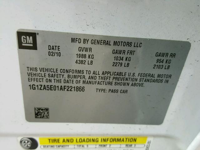 1G1ZA5E01AF221866 - 2010 CHEVROLET MALIBU LS WHITE photo 10