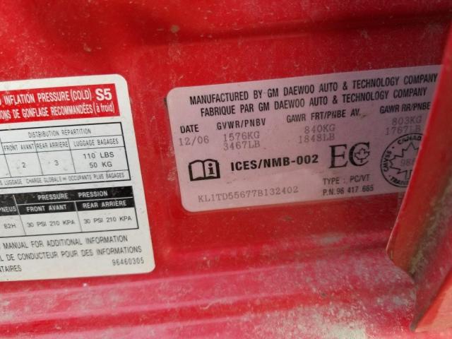 KL1TD55677B132402 - 2007 CHEVROLET AVEO BASE Czerwony zdjęcie 9