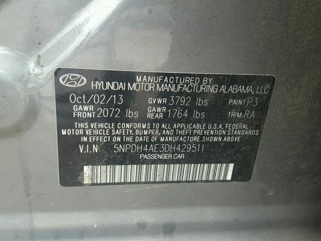 5NPDH4AE3DH429511 - 2013 HYUNDAI ELANTRA GL GRAY photo 10