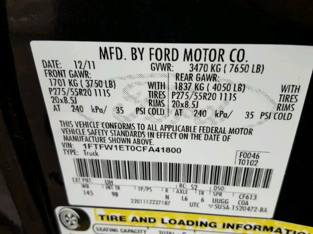 1FTFW1ET0CFA41800 - 2012 FORD F150 SUPER BLACK photo 10