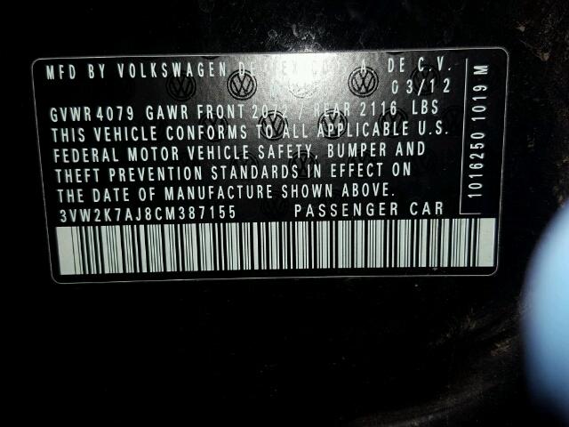 3VW2K7AJ8CM387155 - 2012 VOLKSWAGEN JETTA BASE BLACK photo 10