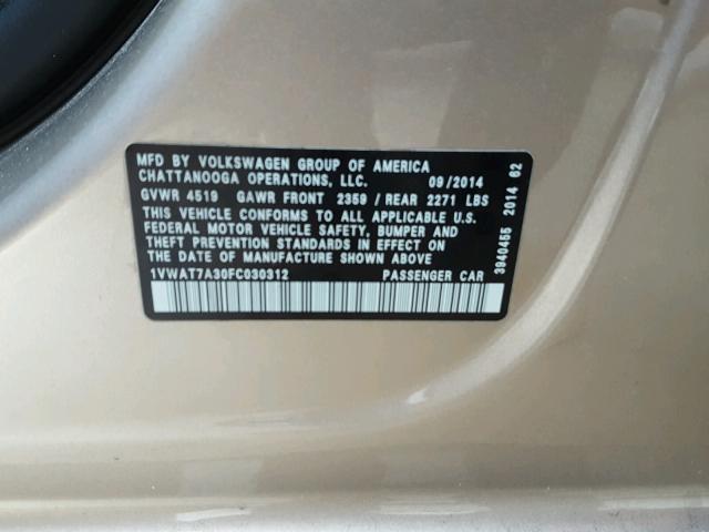 1VWAT7A30FC030312 - 2015 VOLKSWAGEN PASSAT S أسمر صورة 10