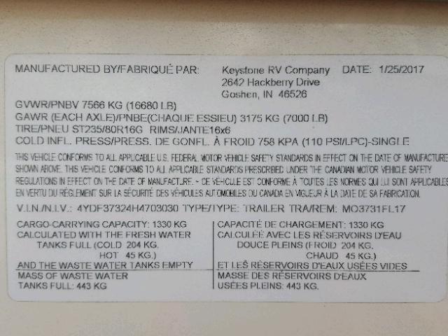 4YDF37324H4703030 - 2017 MONT 5TH WHEEL WHITE photo 10