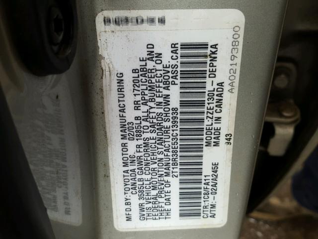 2T1BR38E53C139938 - 2003 TOYOTA COROLLA CE SILVER photo 10