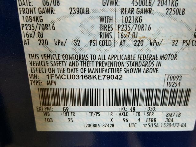 1FMCU03168KE79042 - 2008 FORD ESCAPE XLT BLUE photo 10