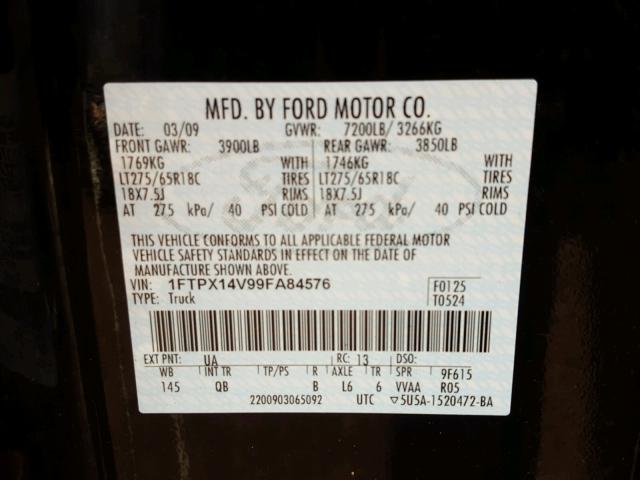 1FTPX14V99FA84576 - 2009 FORD F150 SUPER BLACK photo 10