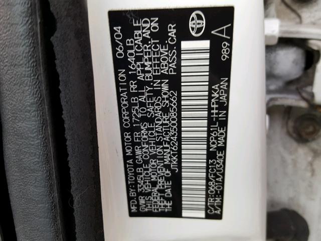 JTKKT624350085662 - 2005 TOYOTA SCION XA WHITE photo 10