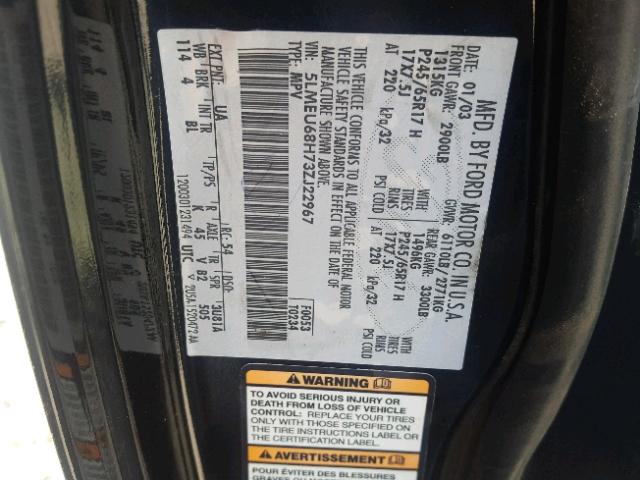 5LMEU68H73ZJ22967 - 2003 LINCOLN AVIATOR 黑色 照片 10