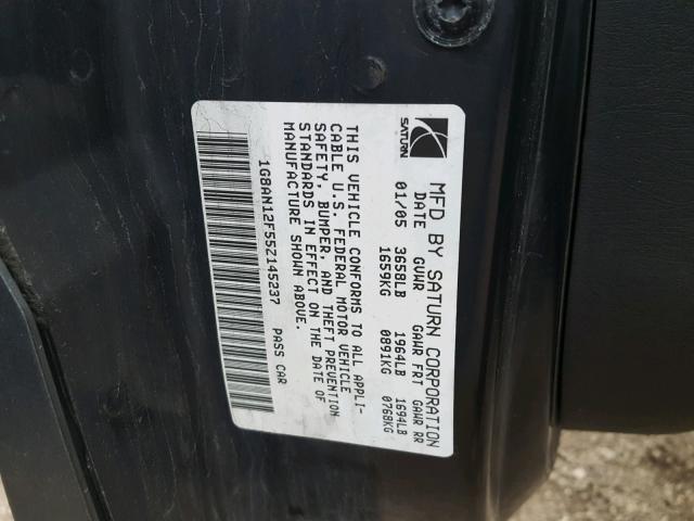 1G8AN12F55Z145237 - 2005 SATURN ION LEVEL GRAY photo 10