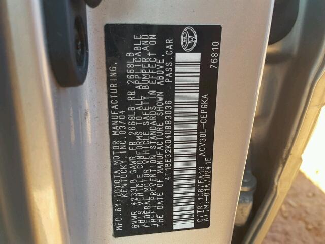 4T1BE32K04U883036 - 2004 TOYOTA CAMRY LE ვერცხლისფერი ფოტო 10