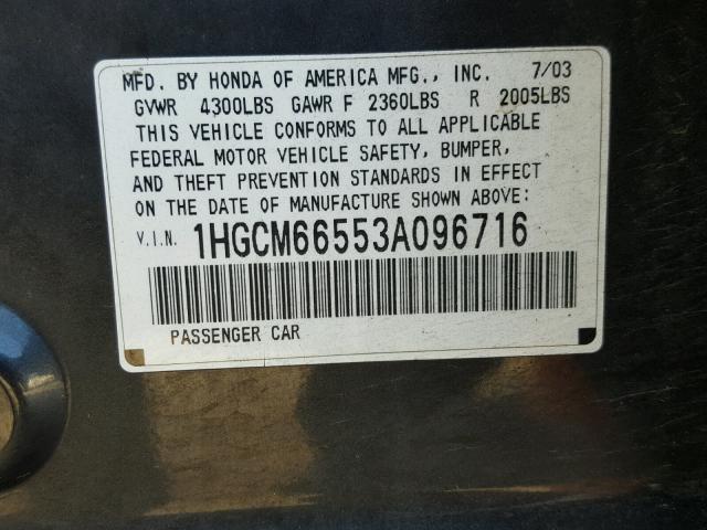 1HGCM66553A096716 - 2003 HONDA ACCORD EX GRAY photo 10