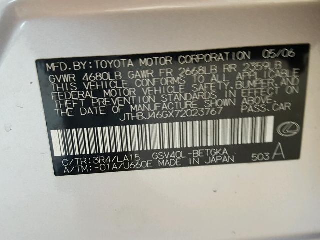 JTHBJ46GX72023767 - 2007 LEXUS ES SILVER photo 10