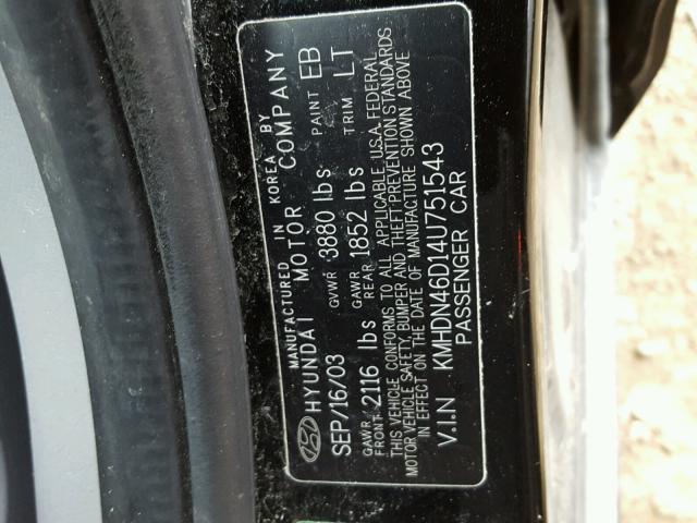 KMHDN46D14U751543 - 2004 HYUNDAI ELANTRA GL BLACK photo 10