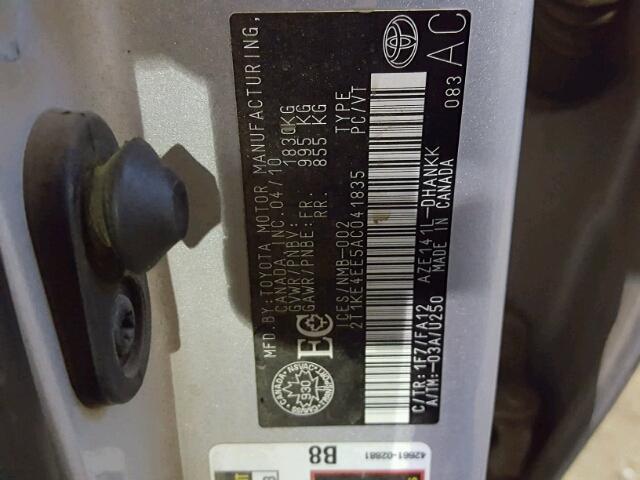 2T1KE4EE5AC041835 - 2010 TOYOTA COROLLA MA SILVER photo 10